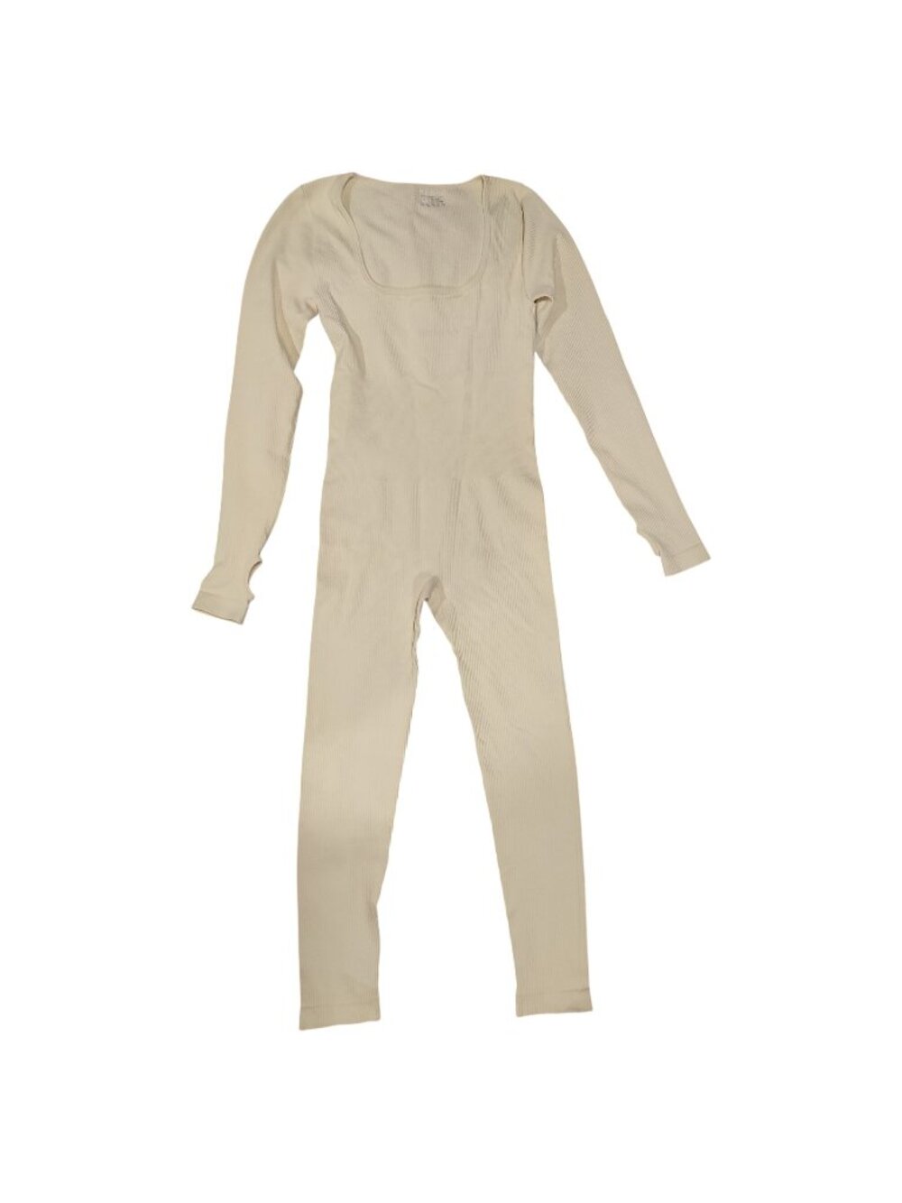 OQQ Women Yoga Sport Jumpsuit Workout Ribbed Long Sleeve Cream Size Small